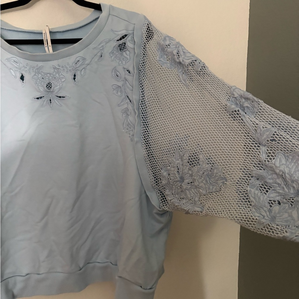 Anthropologie Light Blue Lace-Panel Sweatshirt - Picture 3 of 5